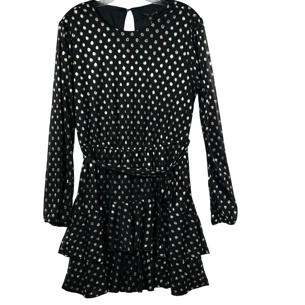 City Triangles Black Gold Metallic Polka Dot‎ Tiered Ruffle Mini Dress Large NWT